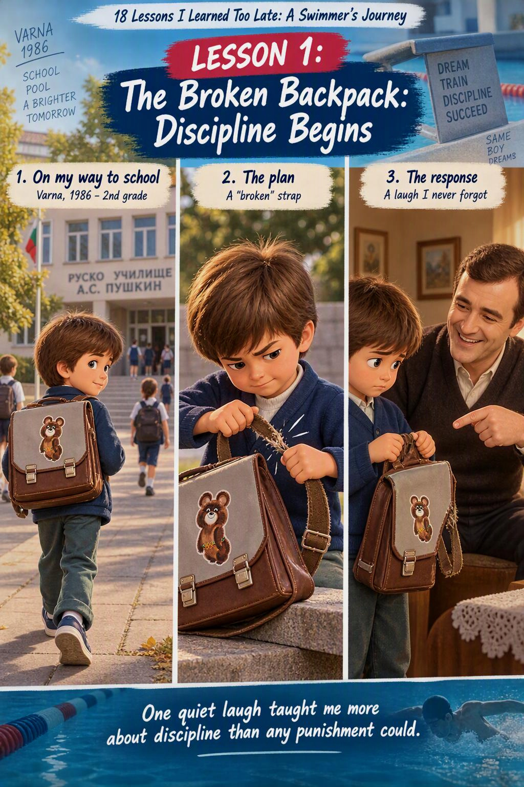 Illustrated Lesson 1 from Valentin Milkov’s swimming journey, The Broken Backpack: Discipline Begins