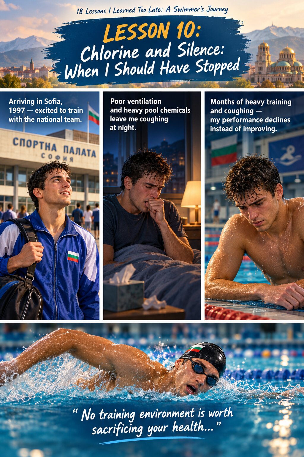 Illustrated Lesson 10 from Valentin Milkov’s swimming journey, Chlorine and Silence