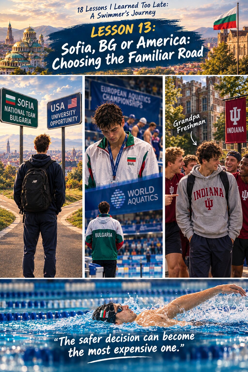 Illustrated Lesson 13 from Valentin Milkov’s swimming journey, Sofia or America