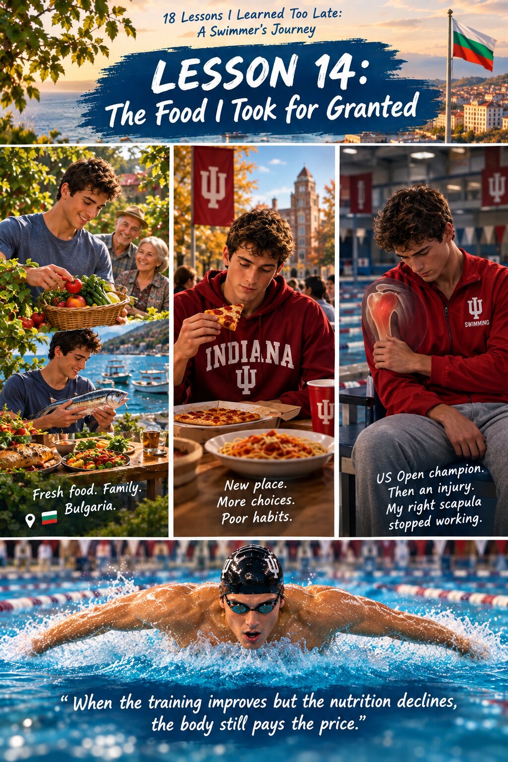 Illustrated Lesson 14 from Valentin Milkov’s swimming journey, The Food I Took for Granted