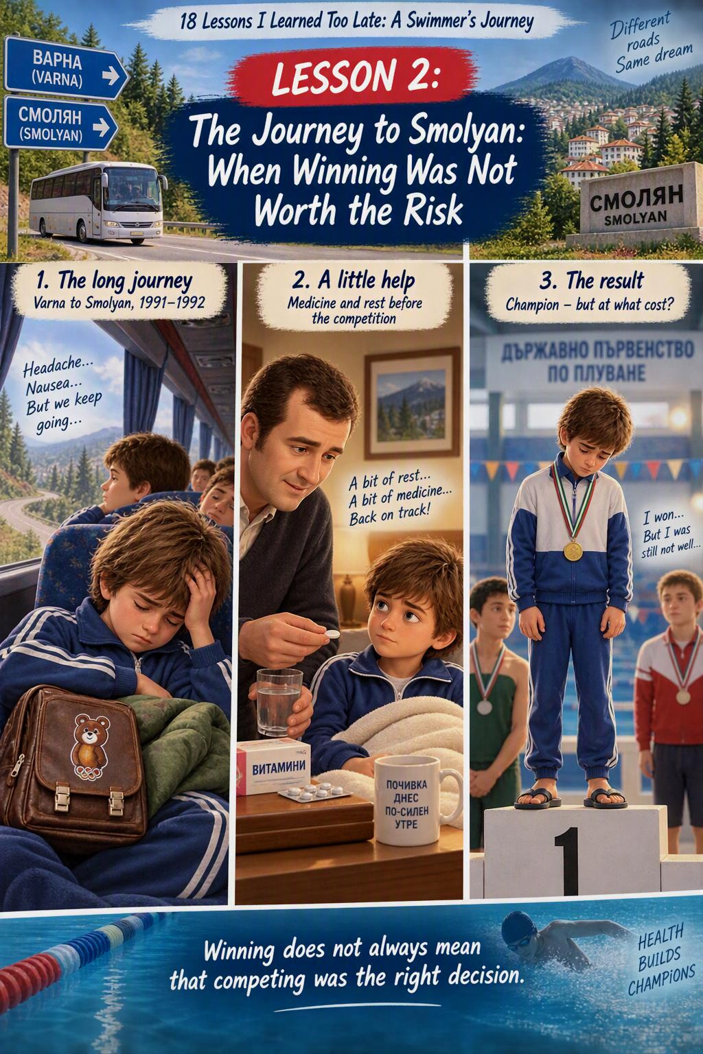Illustrated Lesson 2 from Valentin Milkov’s swimming journey, The Journey to Smolyan