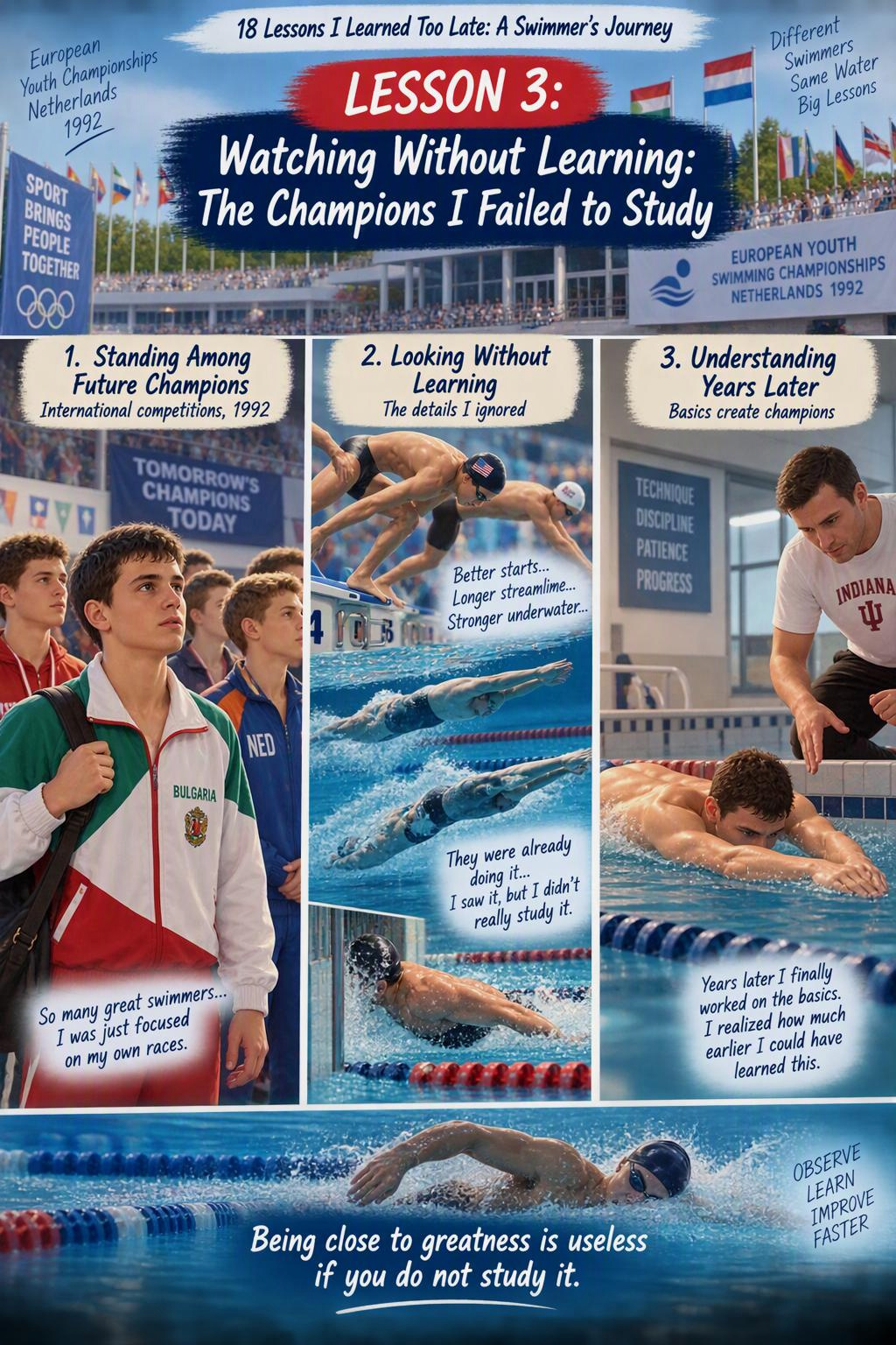 Illustrated Lesson 3 from Valentin Milkov’s swimming journey, Watching Without Learning