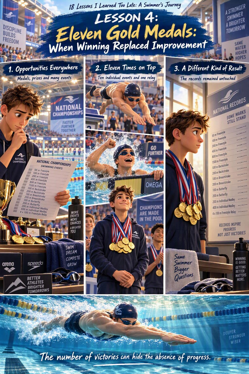 Illustrated Lesson 4 from Valentin Milkov’s swimming journey, Eleven Gold Medals