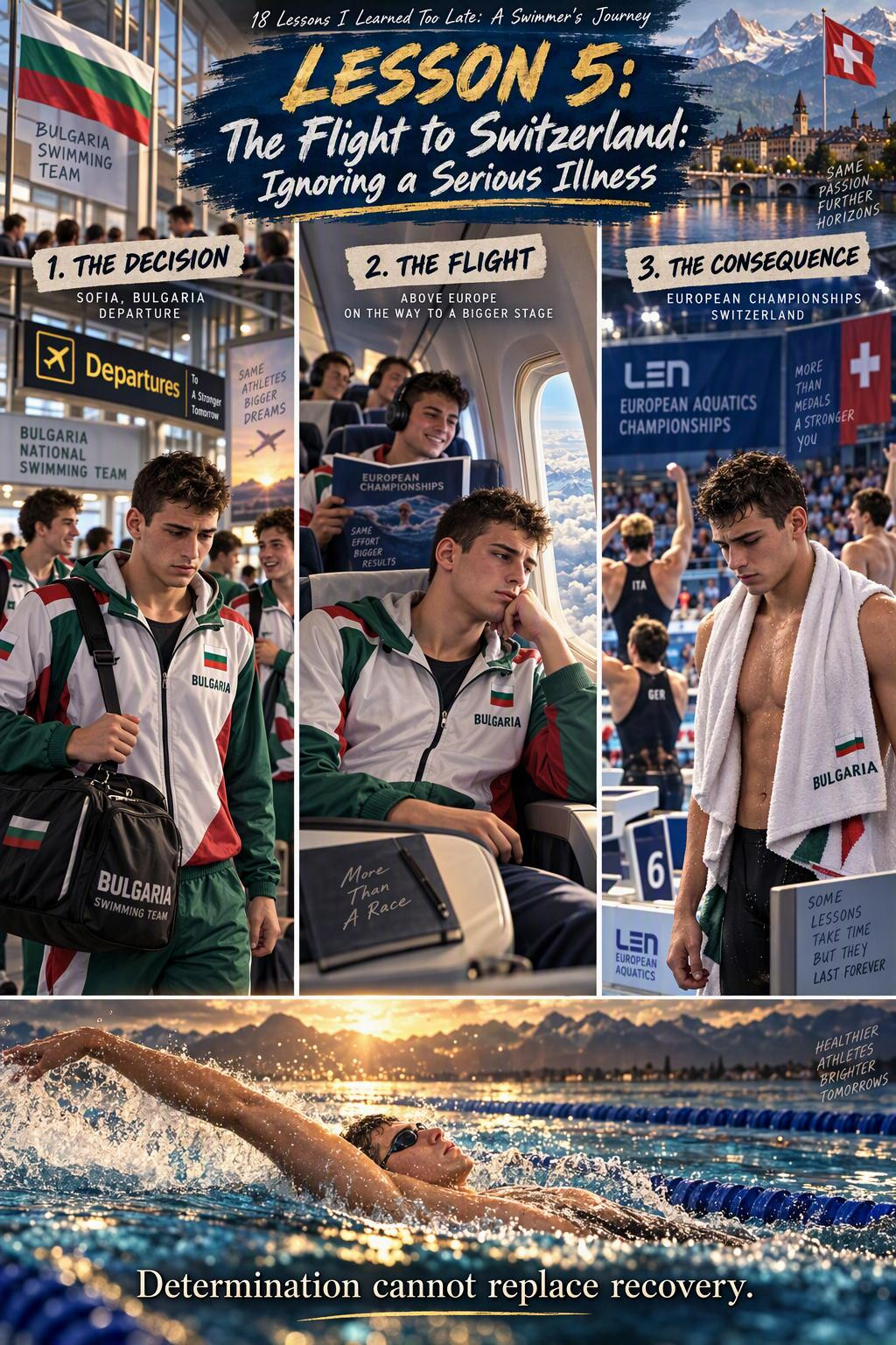 Illustrated Lesson 5 from Valentin Milkov’s swimming journey, The Flight to Switzerland